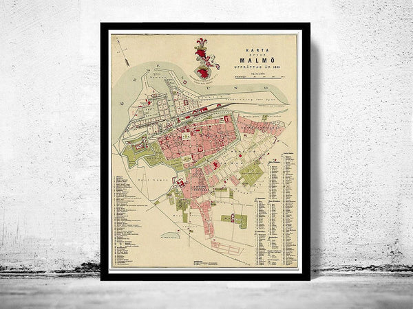Old Map of Malmo Sweden 1881 Vintage Map | Vintage Map Wall Art Print