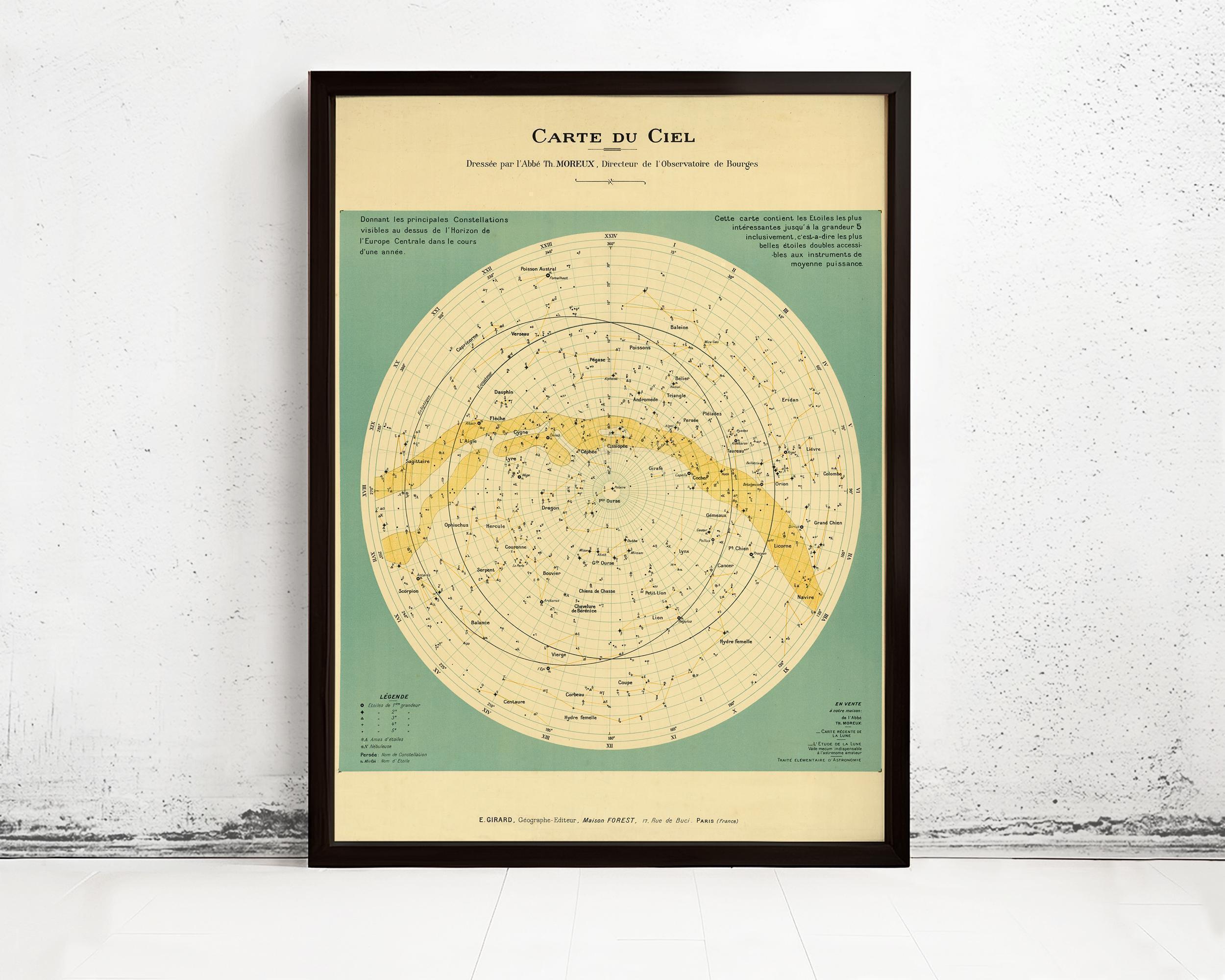The image is a framed vintage star map of the night sky, depicting various celestial objects and their relative positions.