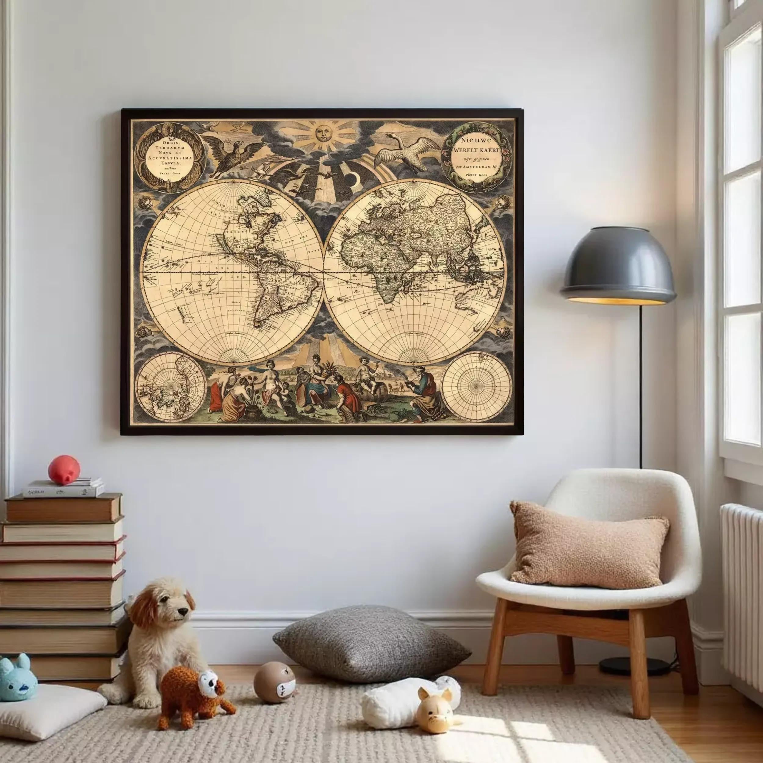 a large, antique world map hanging on a wall, surrounded by various toys and a chair in a cozy living space.