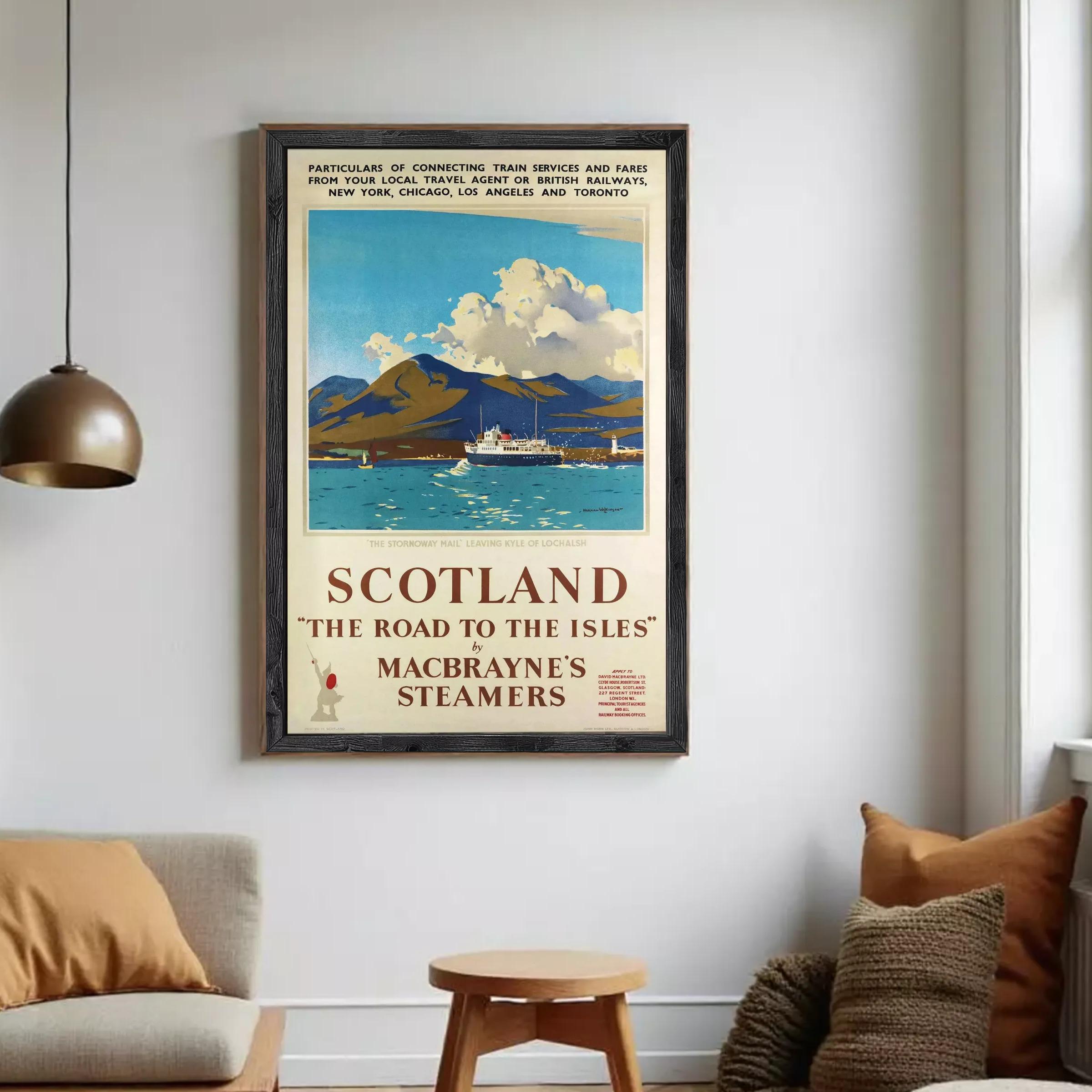 The image is a framed vintage travel poster advertising a train service from the Stormy Mount leading to the Isles, including destinations in New York, Chicago, Los Angeles, and Toronto.