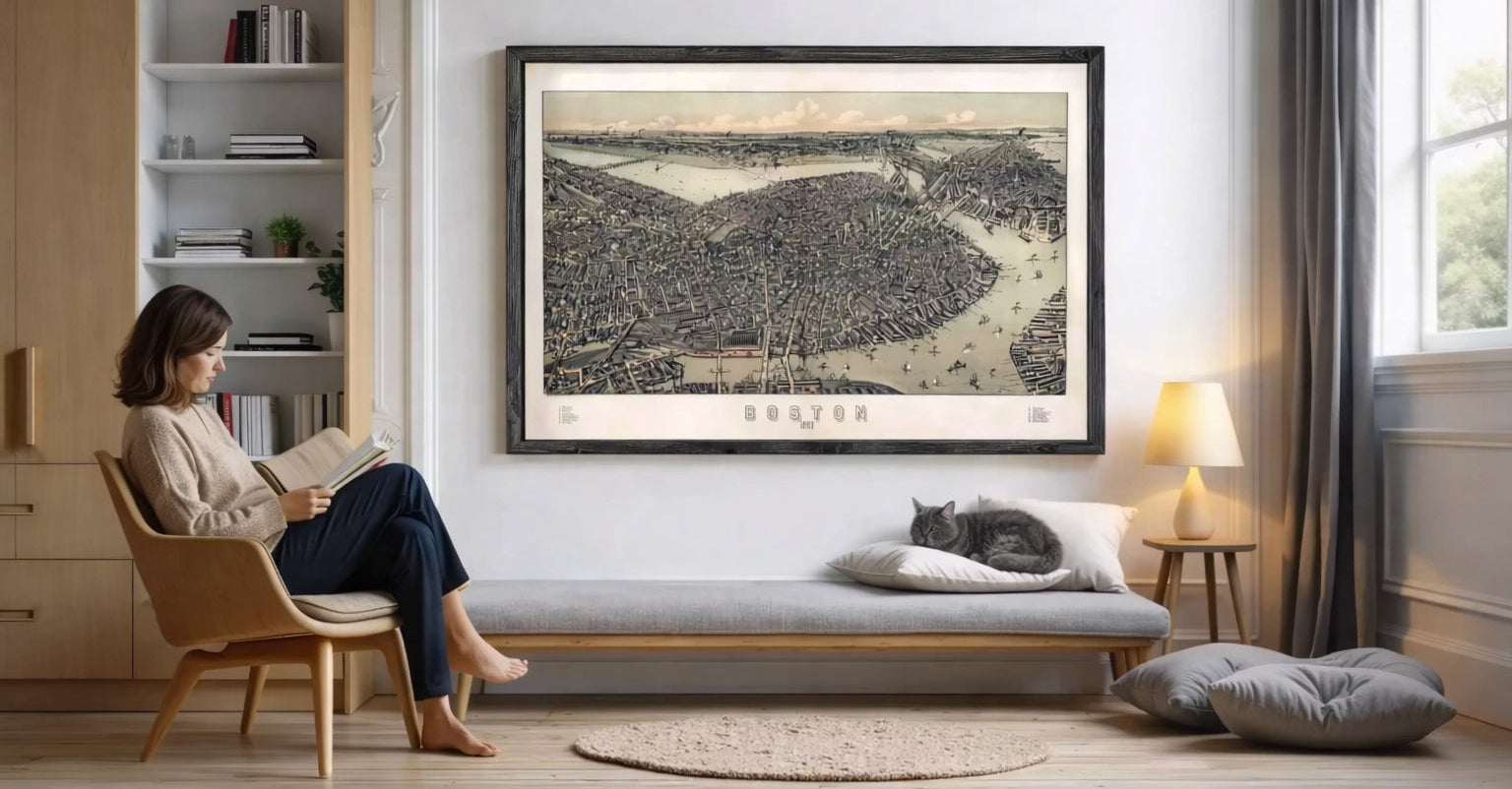 Woman reading a book in a modern living room with a large framed map on the wall.