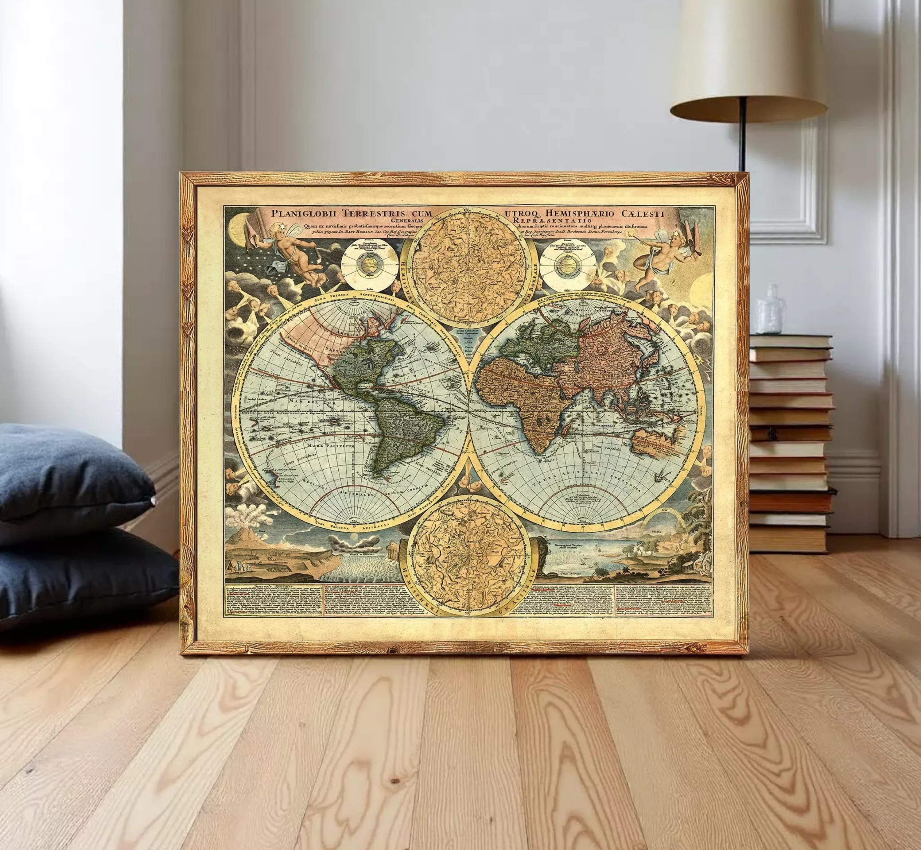 The image is a framed vintage map of the world, featuring detailed cartography and illustrations.