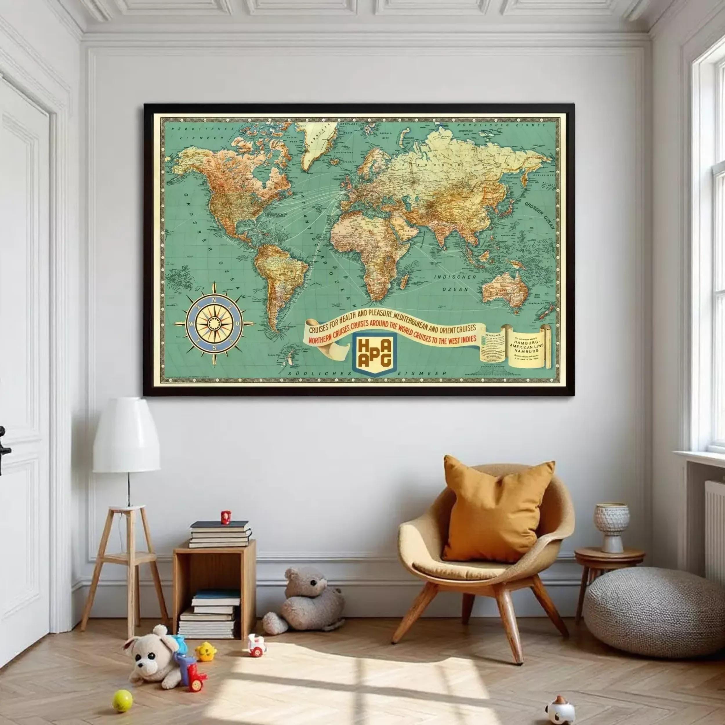 A framed vintage world map with a compass rose and a banner that reads "Crusades for pleasure Mediterranean and oriental cruises around the world to the west".