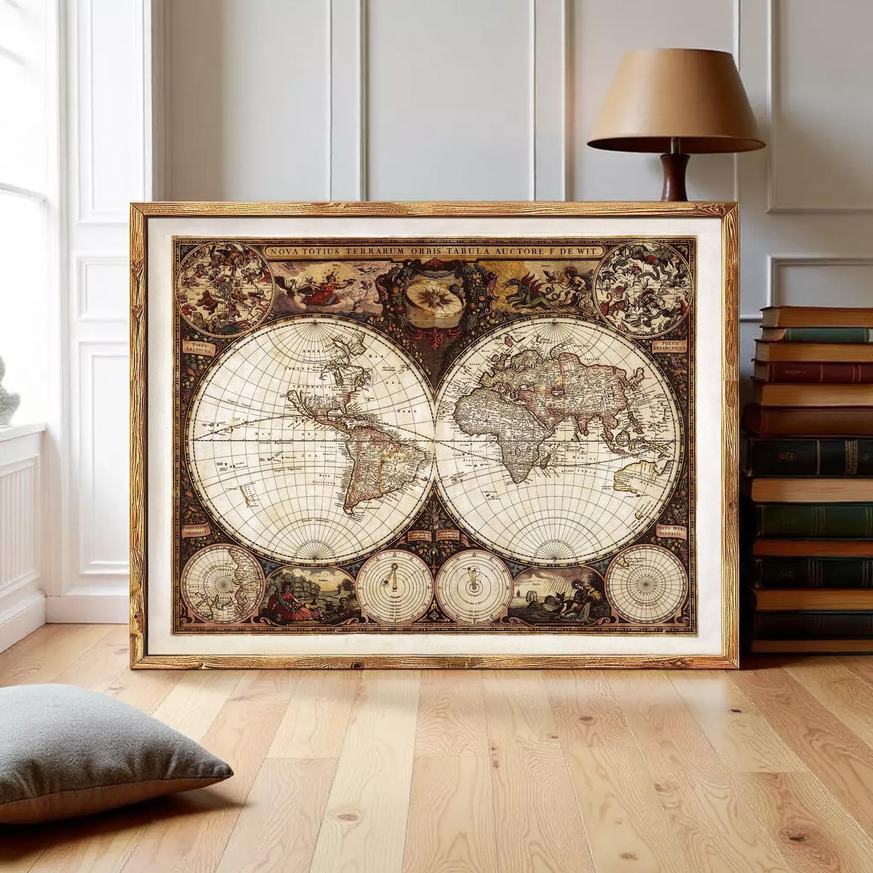 The image is a framed antique world map with intricate designs and details, displayed on a white wall.