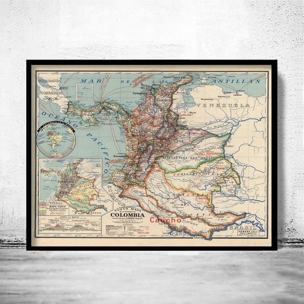Old Map of Colombia 1920 Vintage Map | Vintage Map Wall Art Print