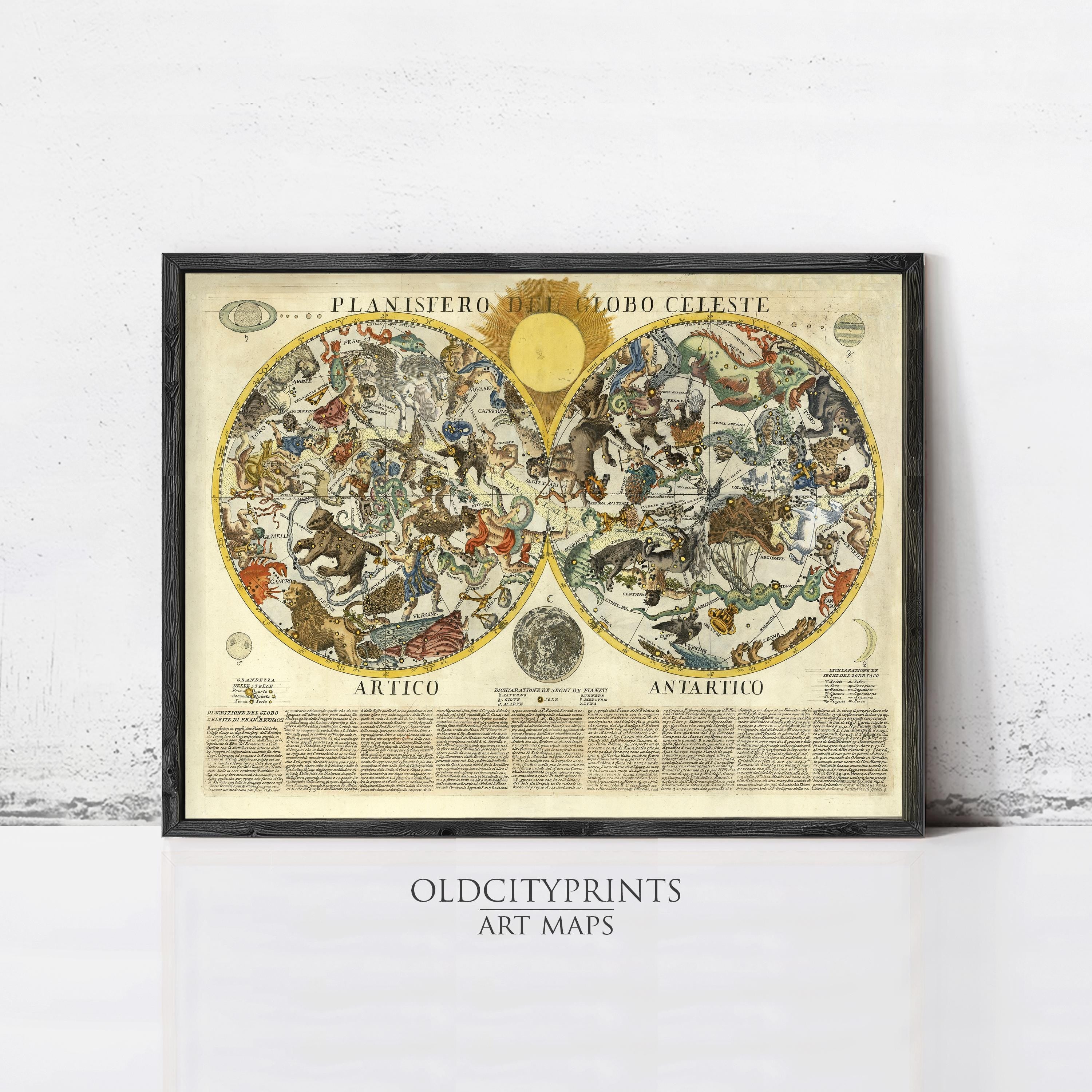 The image is a framed art print depicting a detailed celestial map of the night sky, with various constellations and celestial bodies represented.