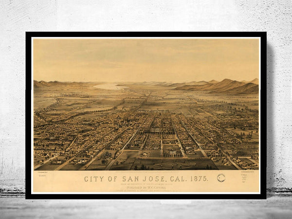 Vintage Panoramic  View of San Jose, California, Aerial view  United States 1875  | Vintage Map Wall Art Print | Large Map Print