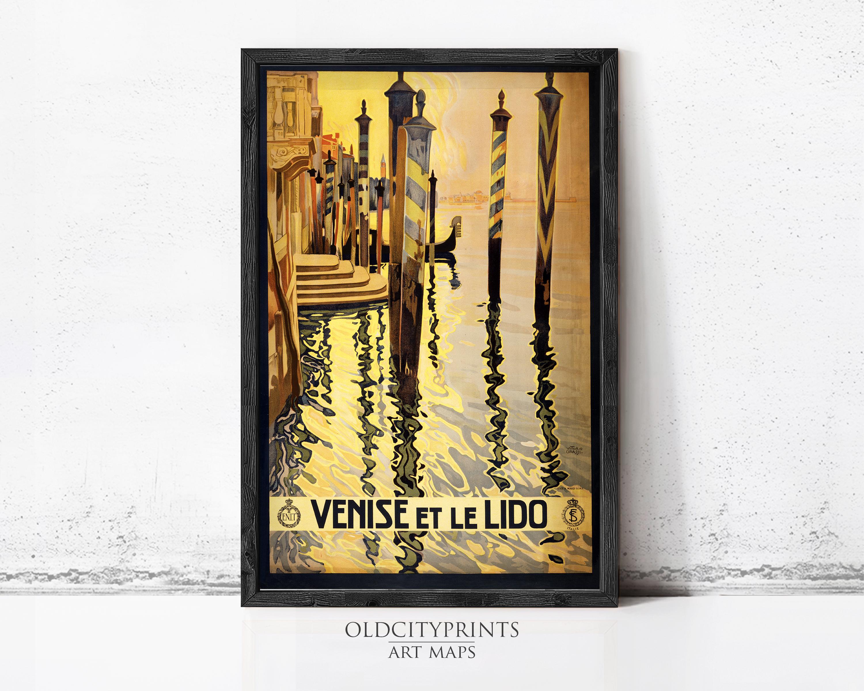 The image is a framed vintage poster depicting a scenic view of Venice, Italy, with gondolas and canal-side buildings reflected in the water.