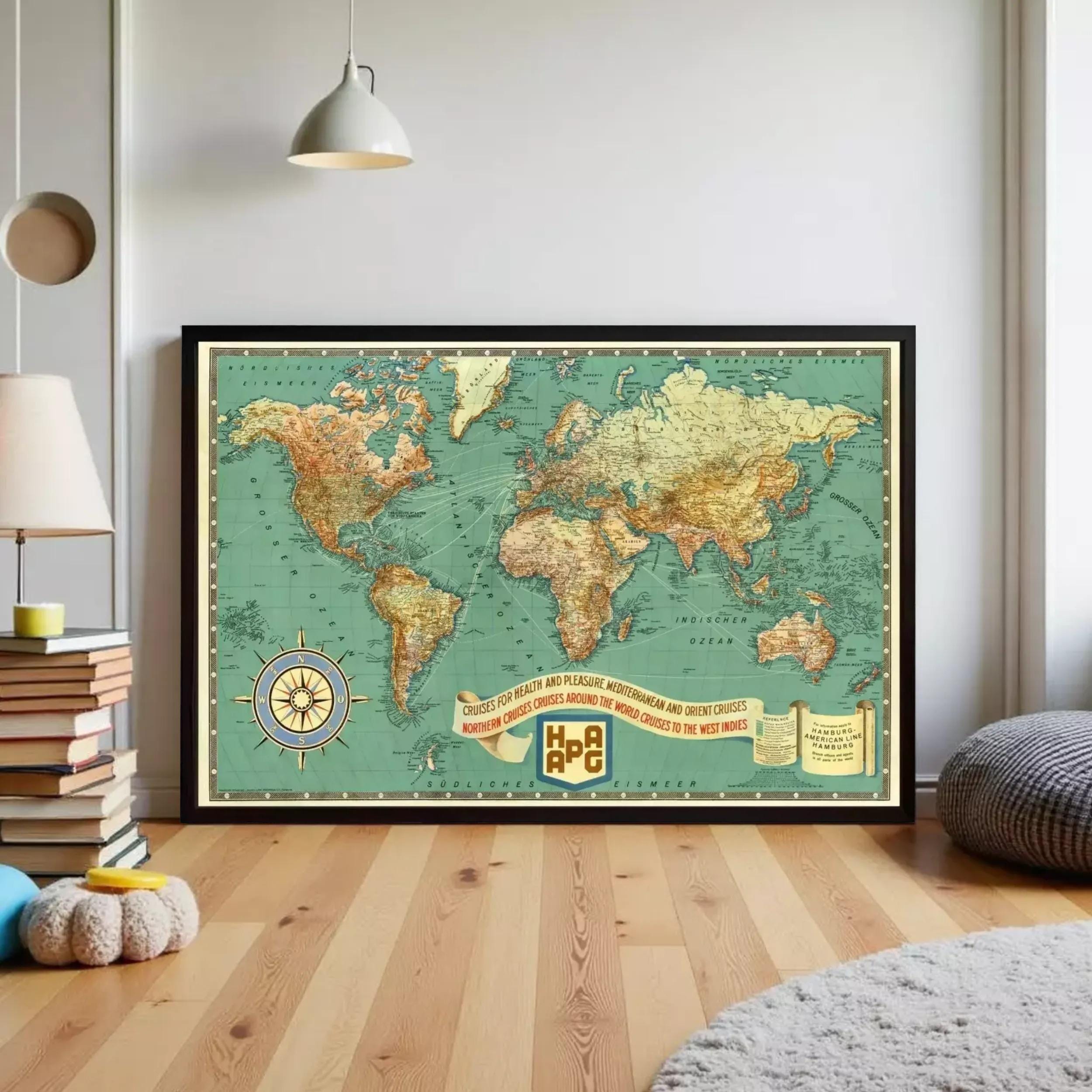 A framed vintage world map with a compass rose and a banner that reads "Crusades for pleasure Mediterranean and oriental cruises around the world to the west".