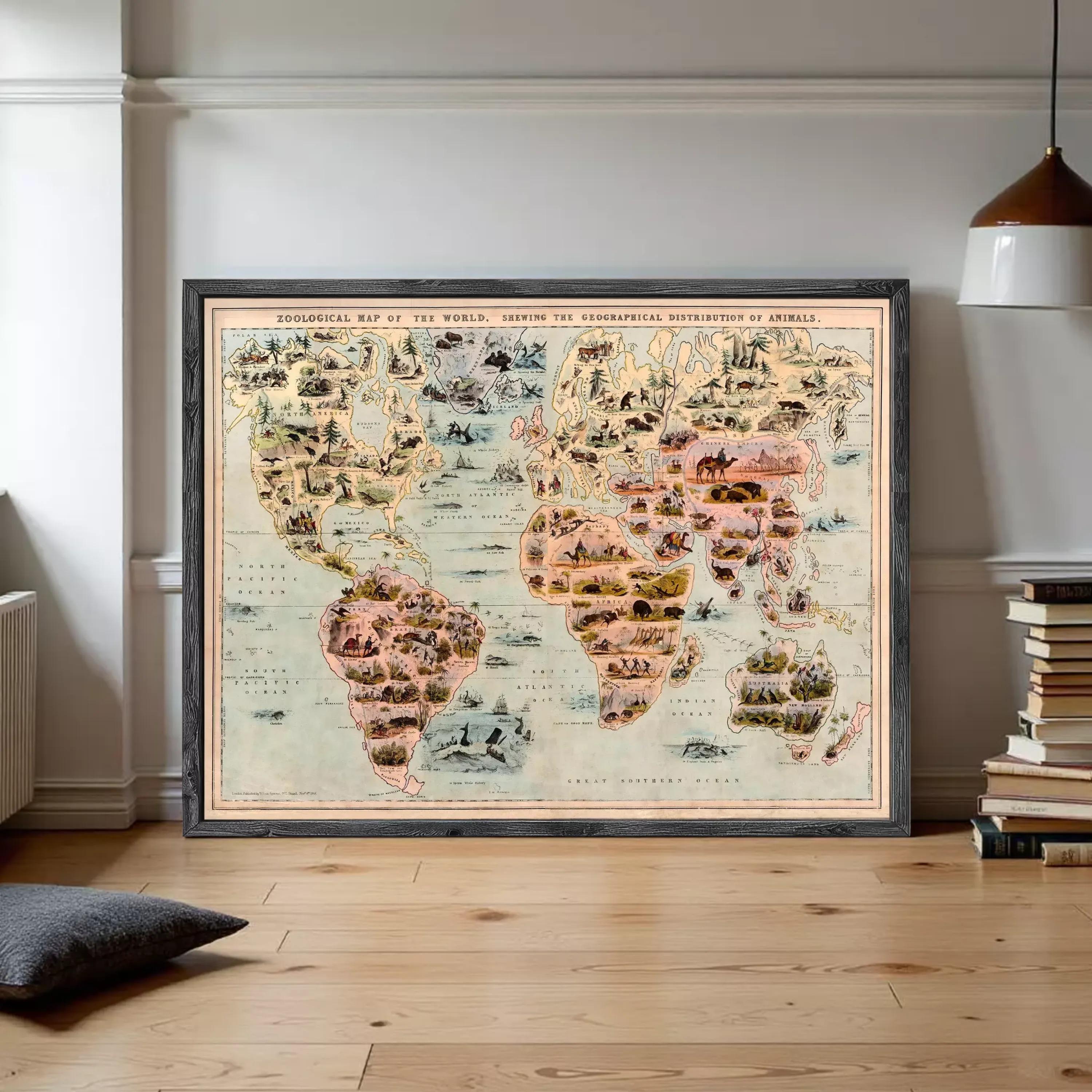 The image is a framed vintage map of the world, depicting the geographical distribution of animals.