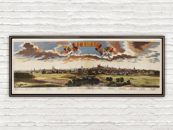 Old Map of Nuremberg Nurnberg 1720 Panoramic View  | Vintage Map Wall Art Print