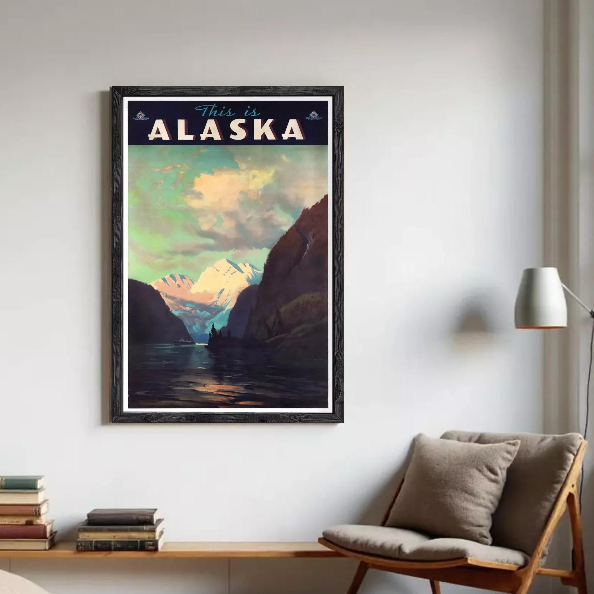 The image is a framed vintage travel poster depicting a scenic landscape with mountains, water, and clouds.