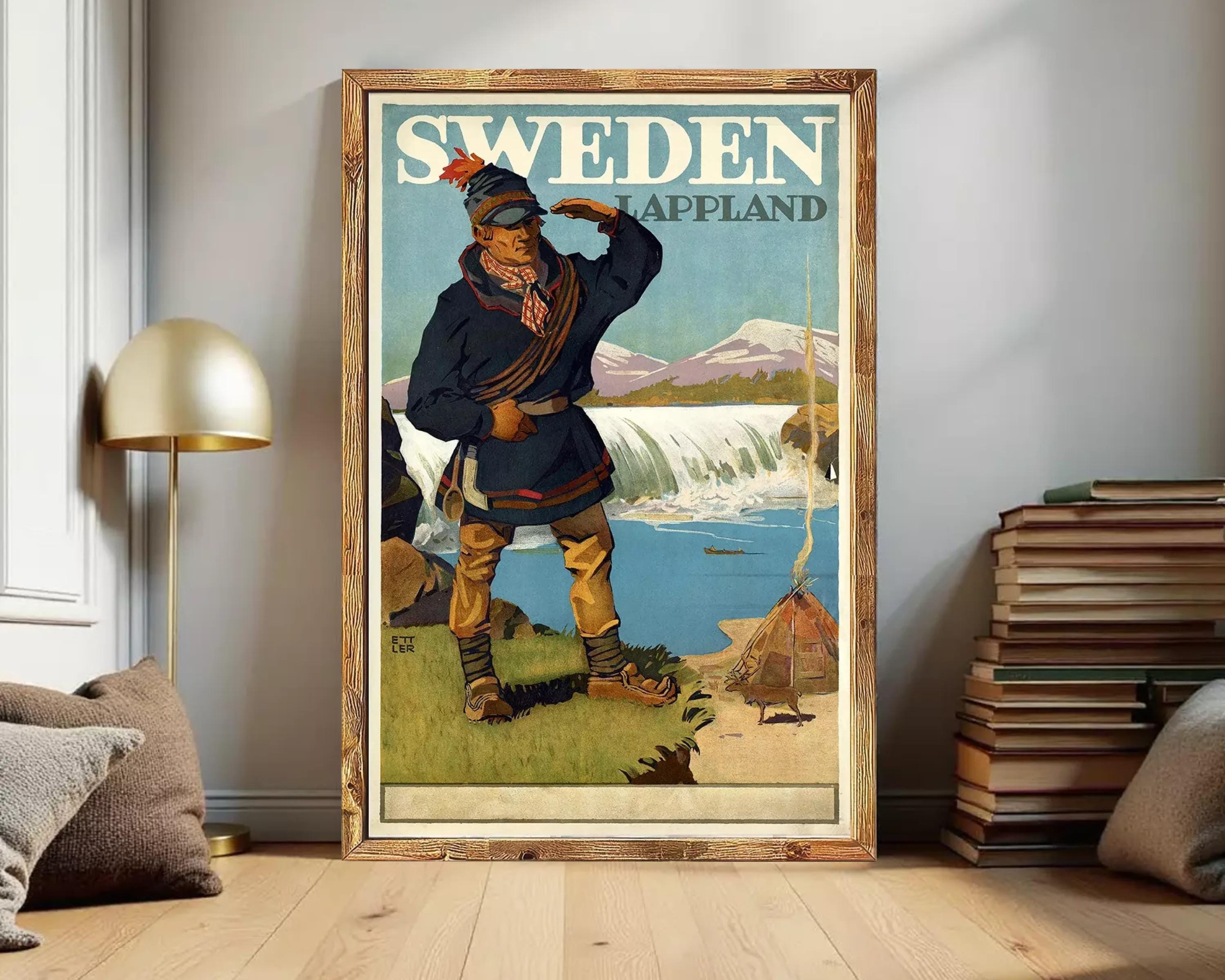 A vintage travel poster depicting a man in traditional Swedish clothing standing in front of a waterfall, with the text "SWEDEN LAPPLAND" prominently displayed.