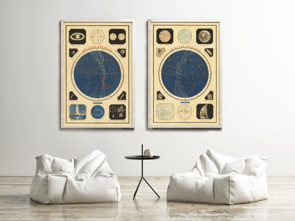 Vintage Celestial Map Emisfero Australe Emisfero Boreale 1861 | Celestial Wall Art | Planisphere Celeste | Home Decor Wall Art