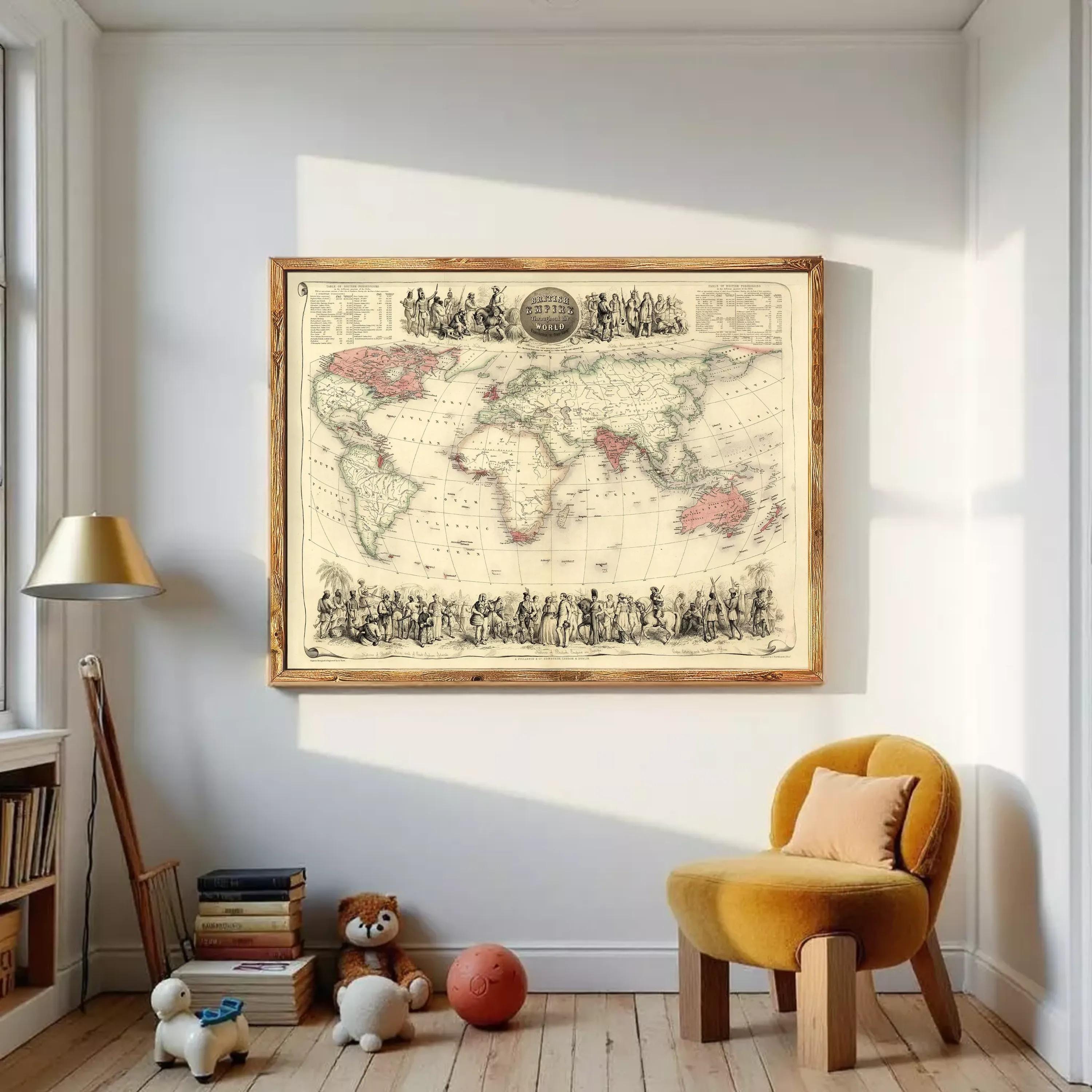 The image is a framed vintage map of the world, depicting various regions and countries with detailed illustrations of people and landmarks.