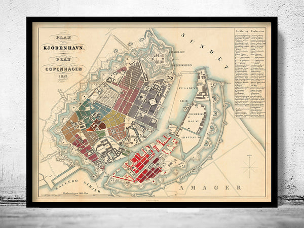 Old Map of Copenhagen Denmark 1853 , City Plan Vintage Map  | Vintage Poster Wall Art Print |