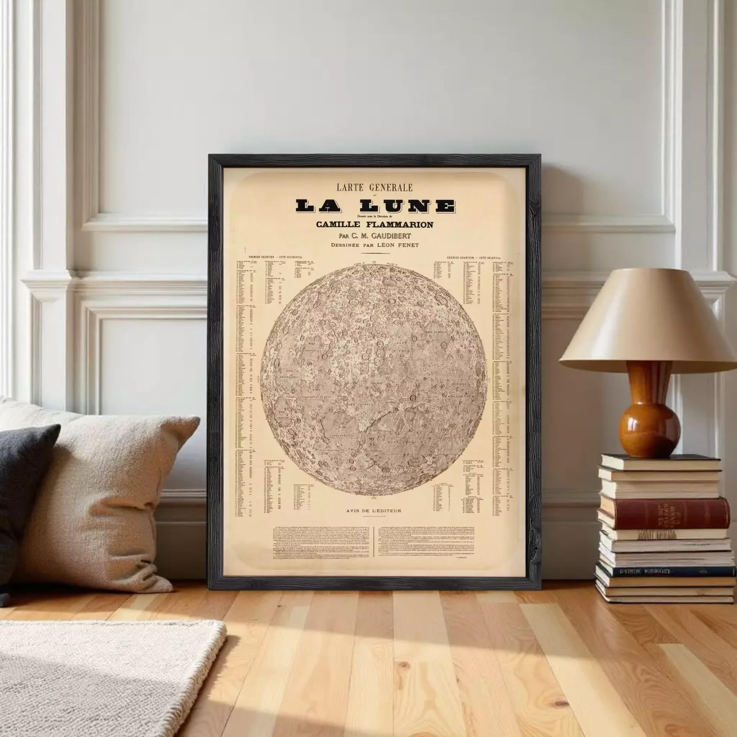 The image is a framed vintage poster depicting a detailed map of the moon, with various labels and descriptions surrounding the central image.