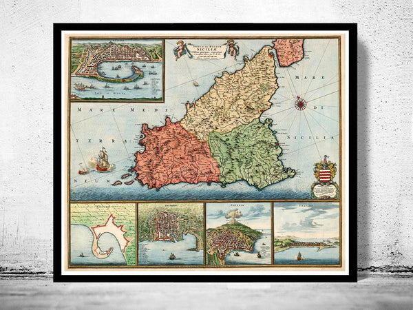 Old Map of Sicily Sicilia Italy 1680 Vintage Map | Vintage Map Wall Art Print