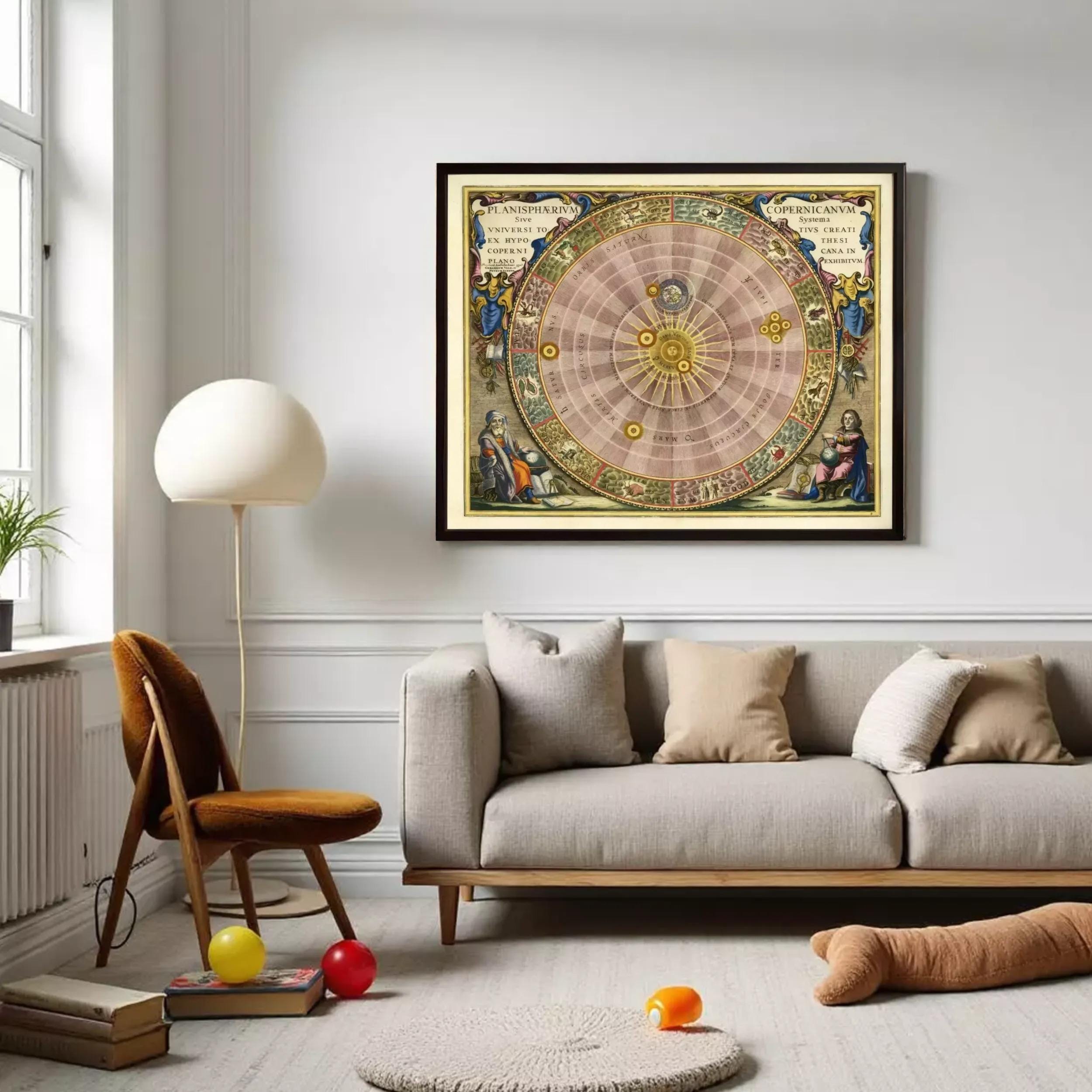 a living room with a large, ornate, and colorful map of the solar system hanging on the wall above a gray sofa. The room has a wooden chair, a lamp, and a few books and toys scattered around, creating a cozy and lived-in atmosphere.