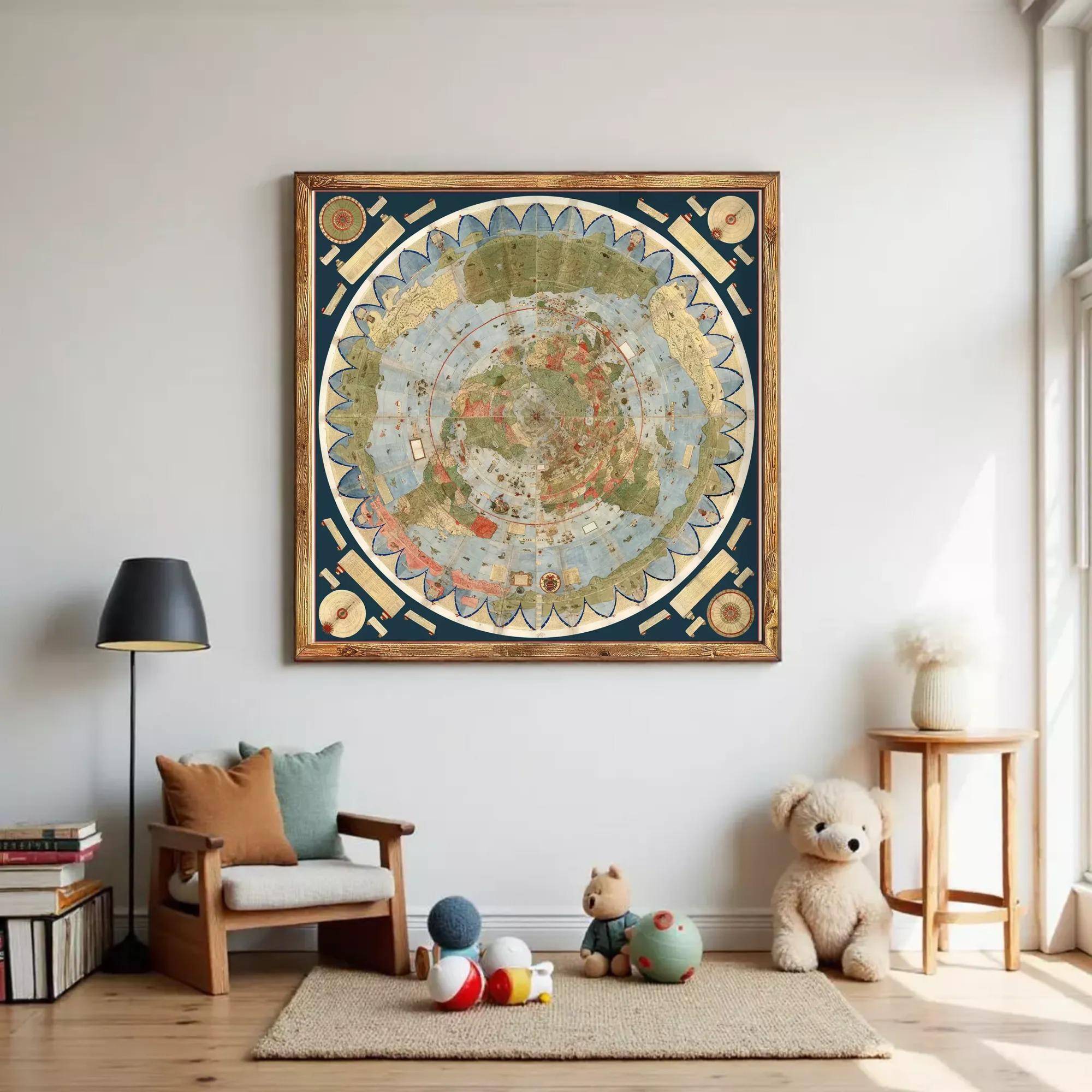 The image is a framed painting depicting a detailed map of the world, with intricate designs and patterns surrounding the central image.