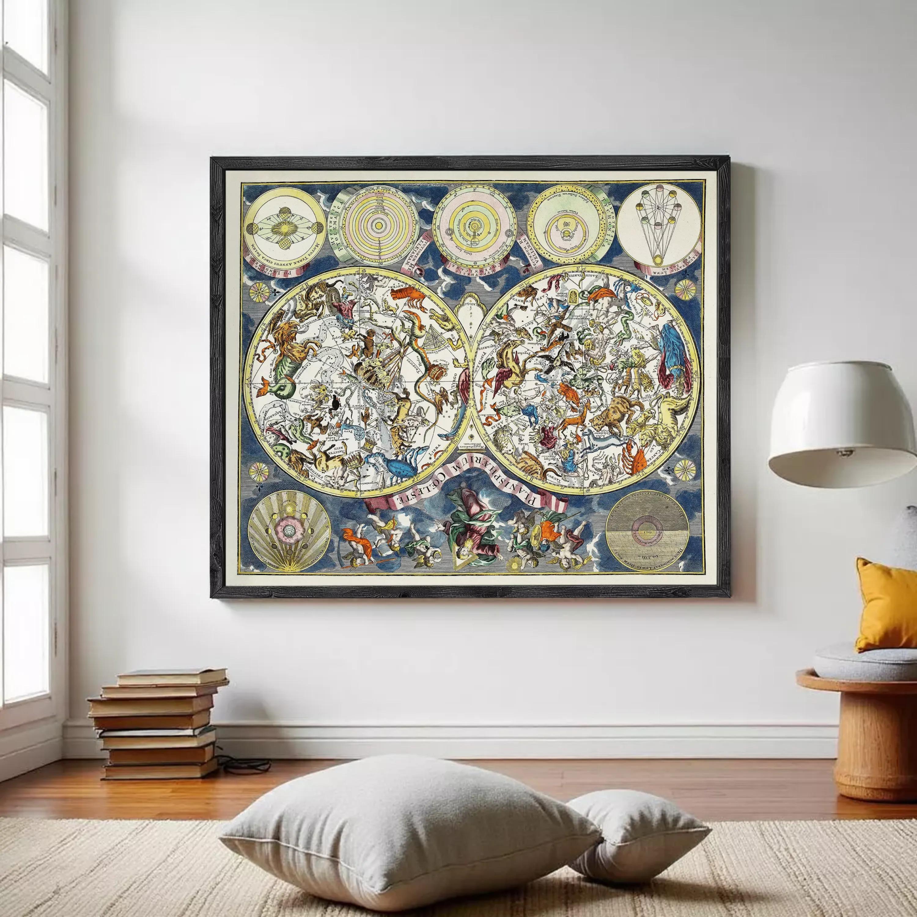 The image is a framed illustration depicting a detailed and colorful depiction of the night sky, with various celestial objects and symbols.
