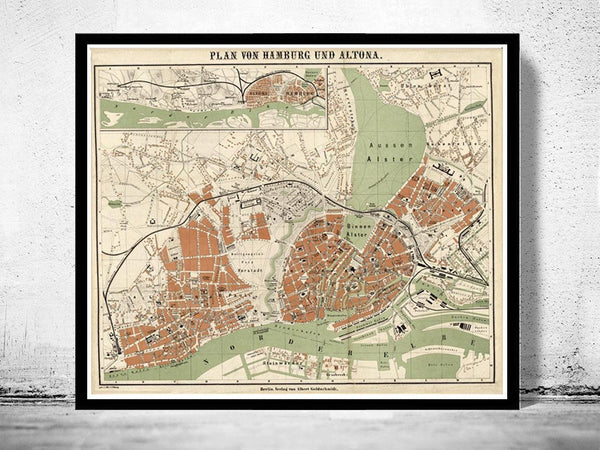Old Map of Hamburg and Altona Germany 1880 Vintage Map | Vintage Map Wall Art Print