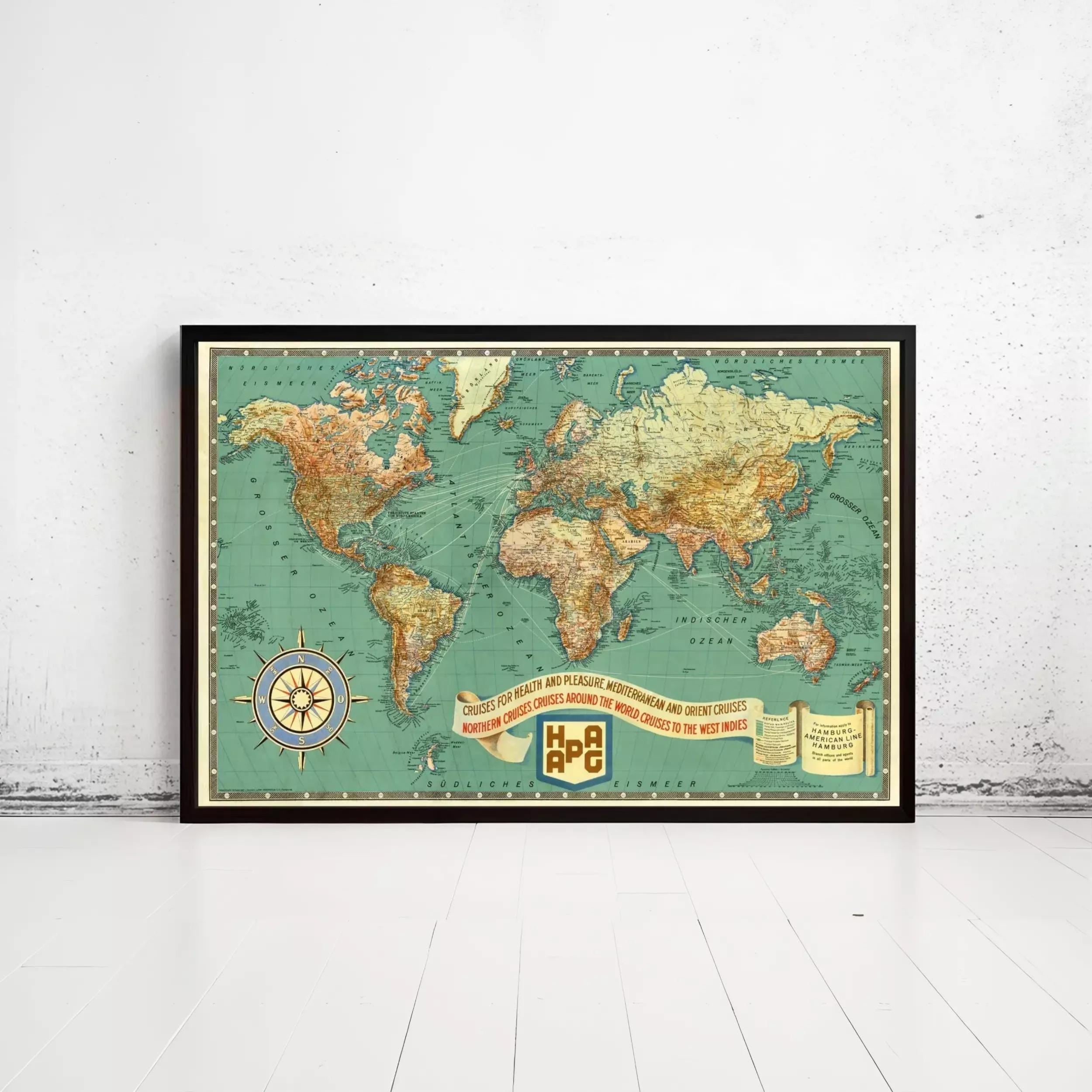 The image is a framed vintage world map with a compass rose and a banner that reads "Crusades for pleasure Mediterranean and oriental cruises around the world to the west".