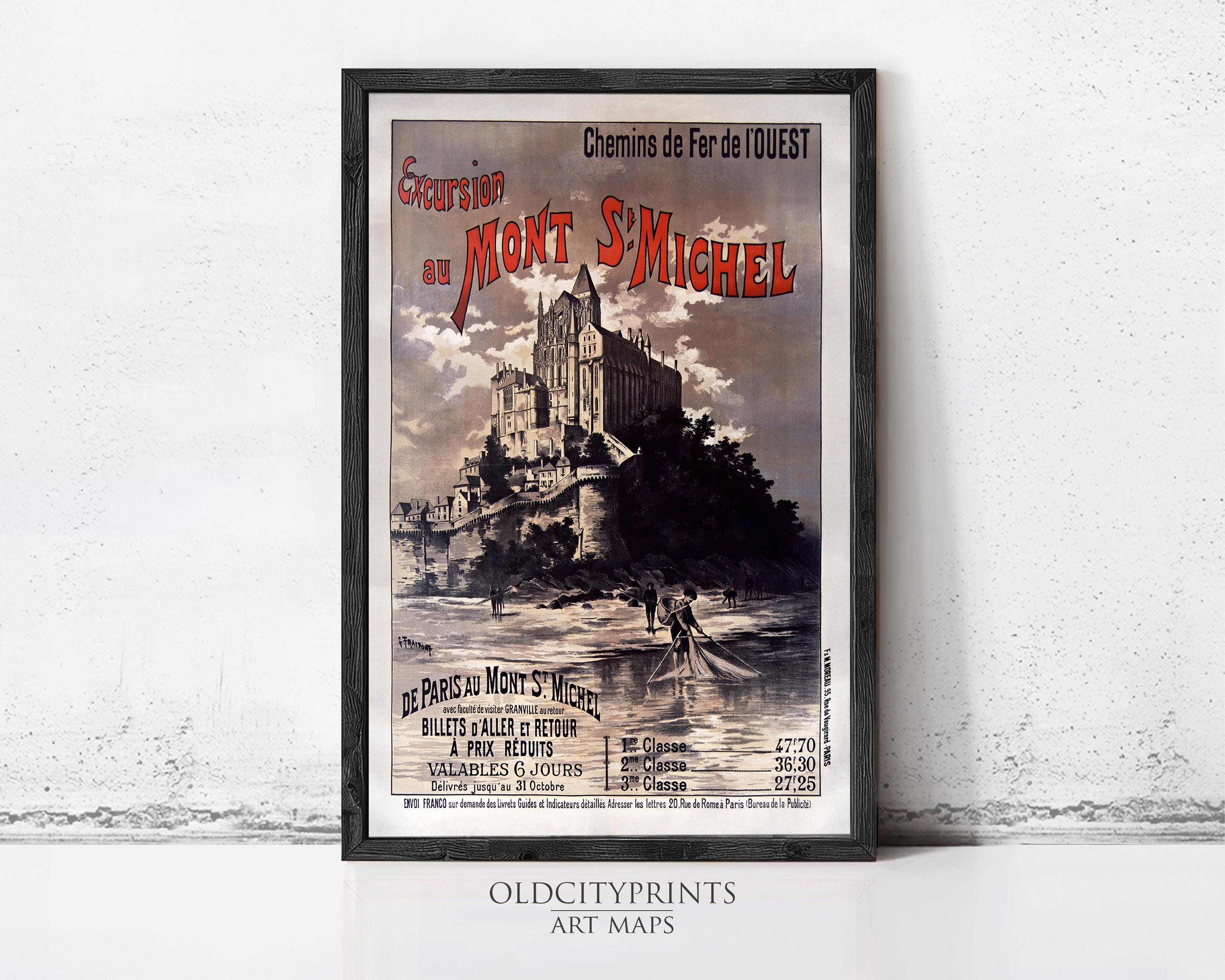 The image is a framed vintage poster advertising a cruise to Mont St Michel, featuring a castle and a boat on the water.