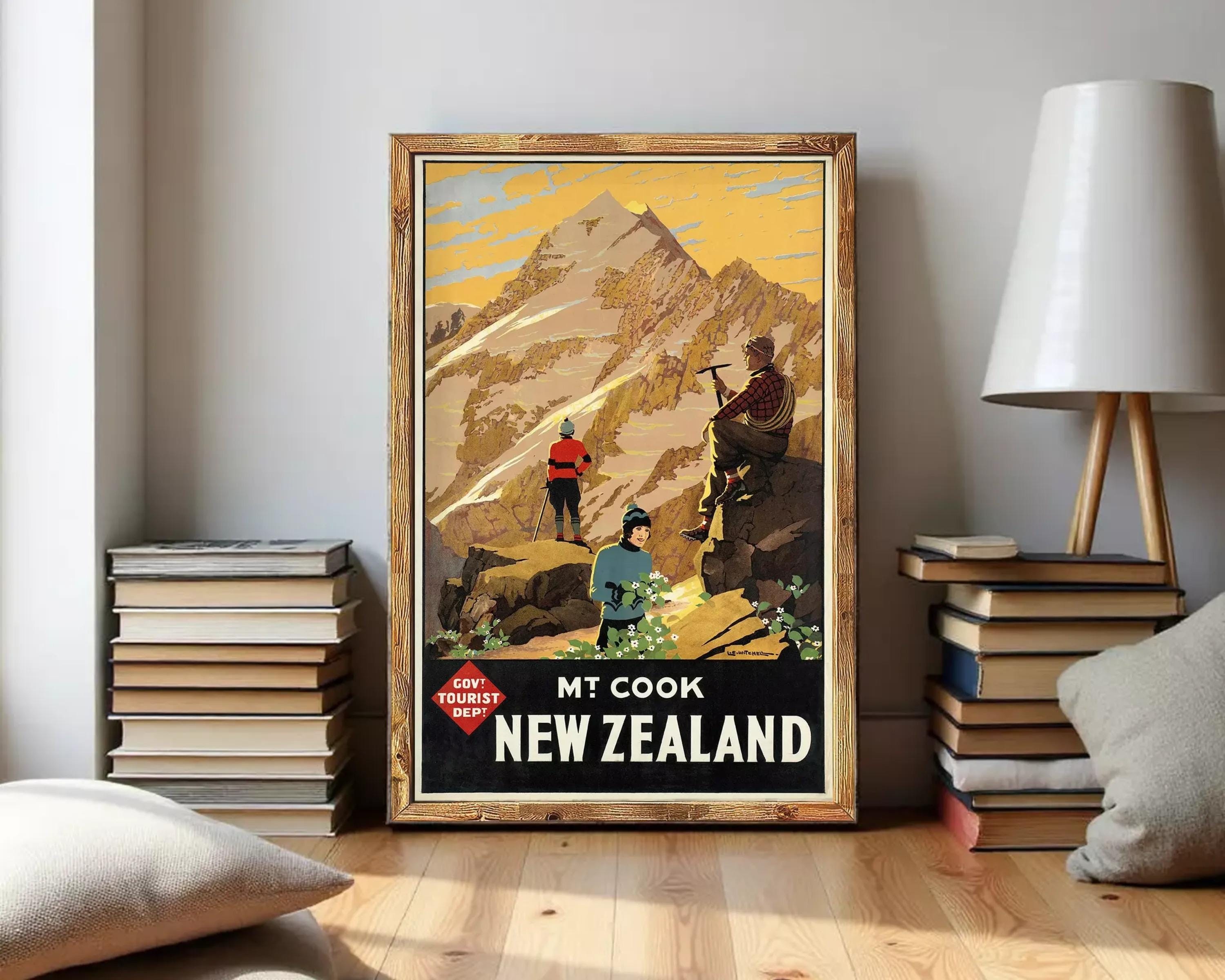 A vintage travel poster advertising a trip to New Zealand, featuring a mountain landscape with people hiking and exploring.