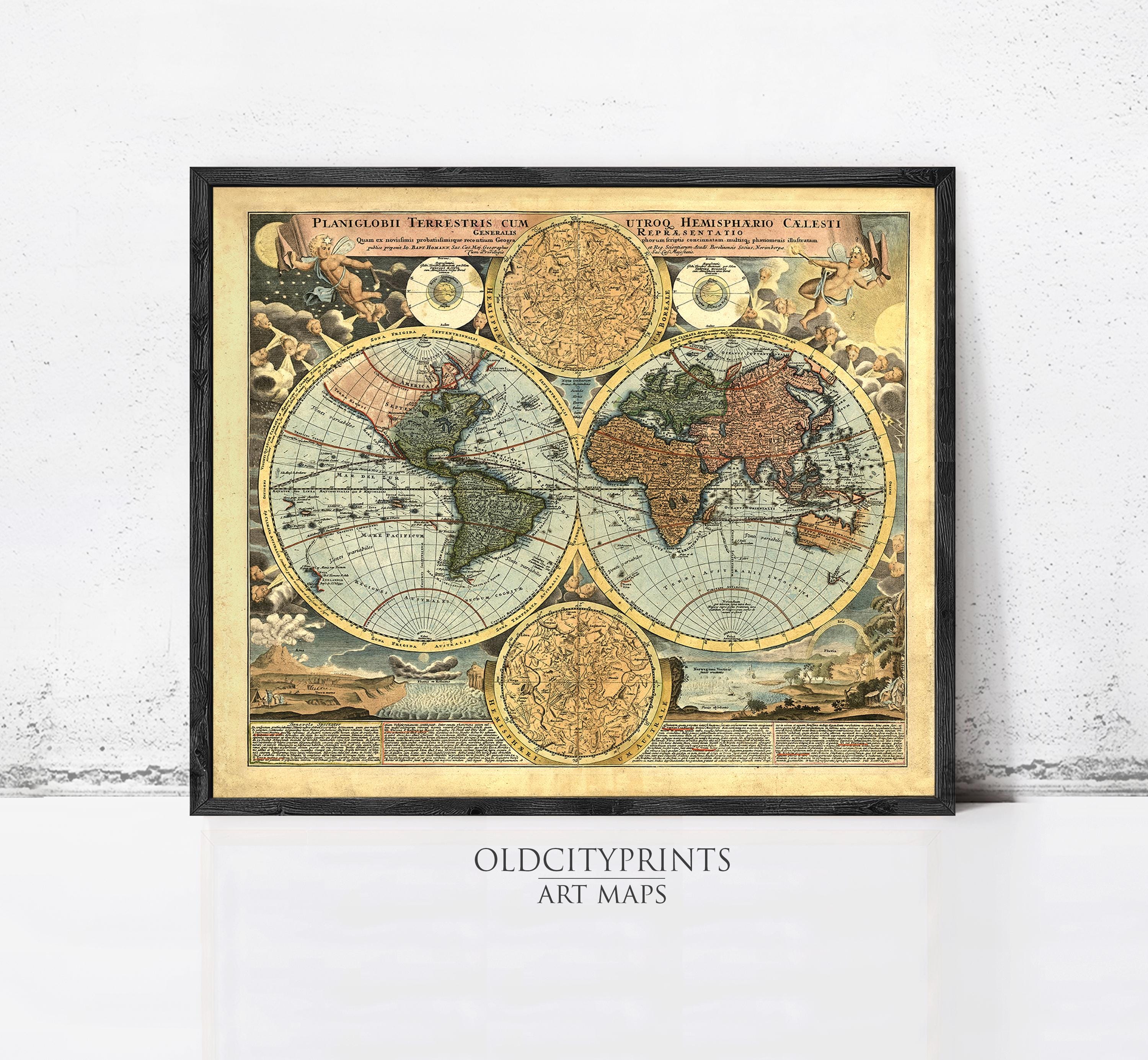 The image is a framed vintage map of the world, featuring intricate details and designs.
