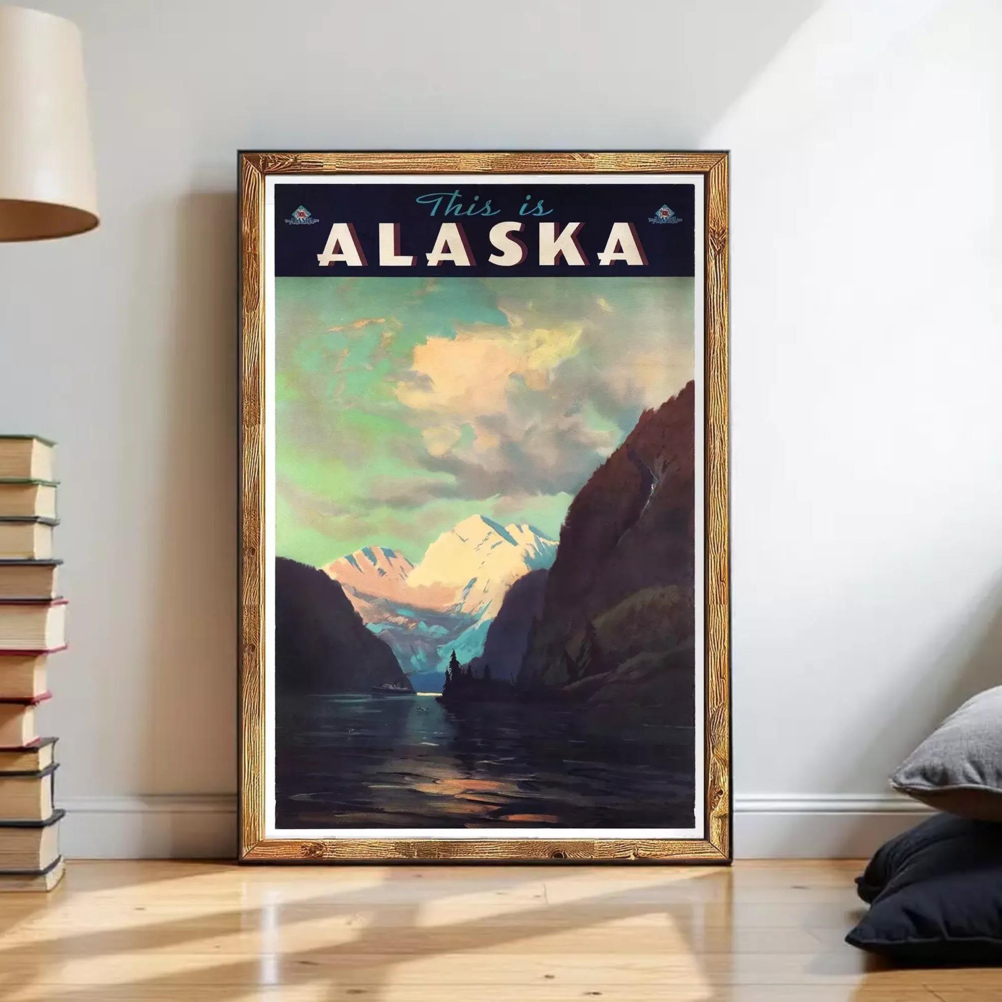 a framed vintage poster of Alaska, with a mountainous landscape and a body of water in the background.