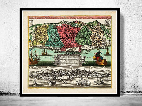 Old Map of Lisbon 1735 Lisboa Portugal Mapa Antigo  | Vintage Map Wall Art Print