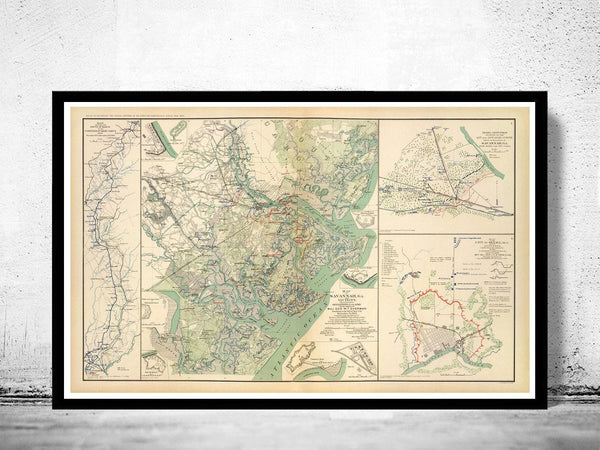 Vintage map of Savannah GA Georgia 1895, United States of America  | Vintage Map Wall Art Print