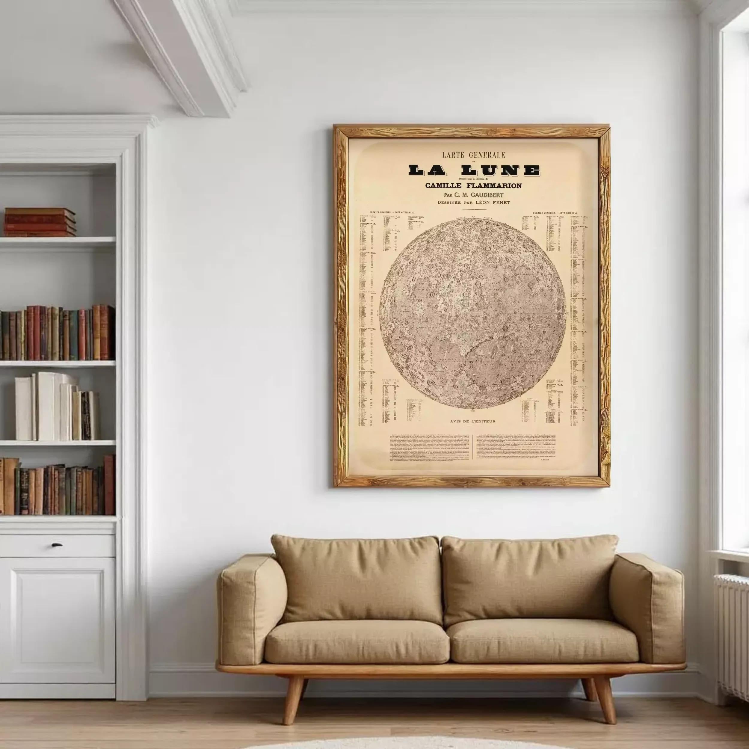 The image is a framed vintage map of the moon, titled "La Lune" by Camille Flammation.