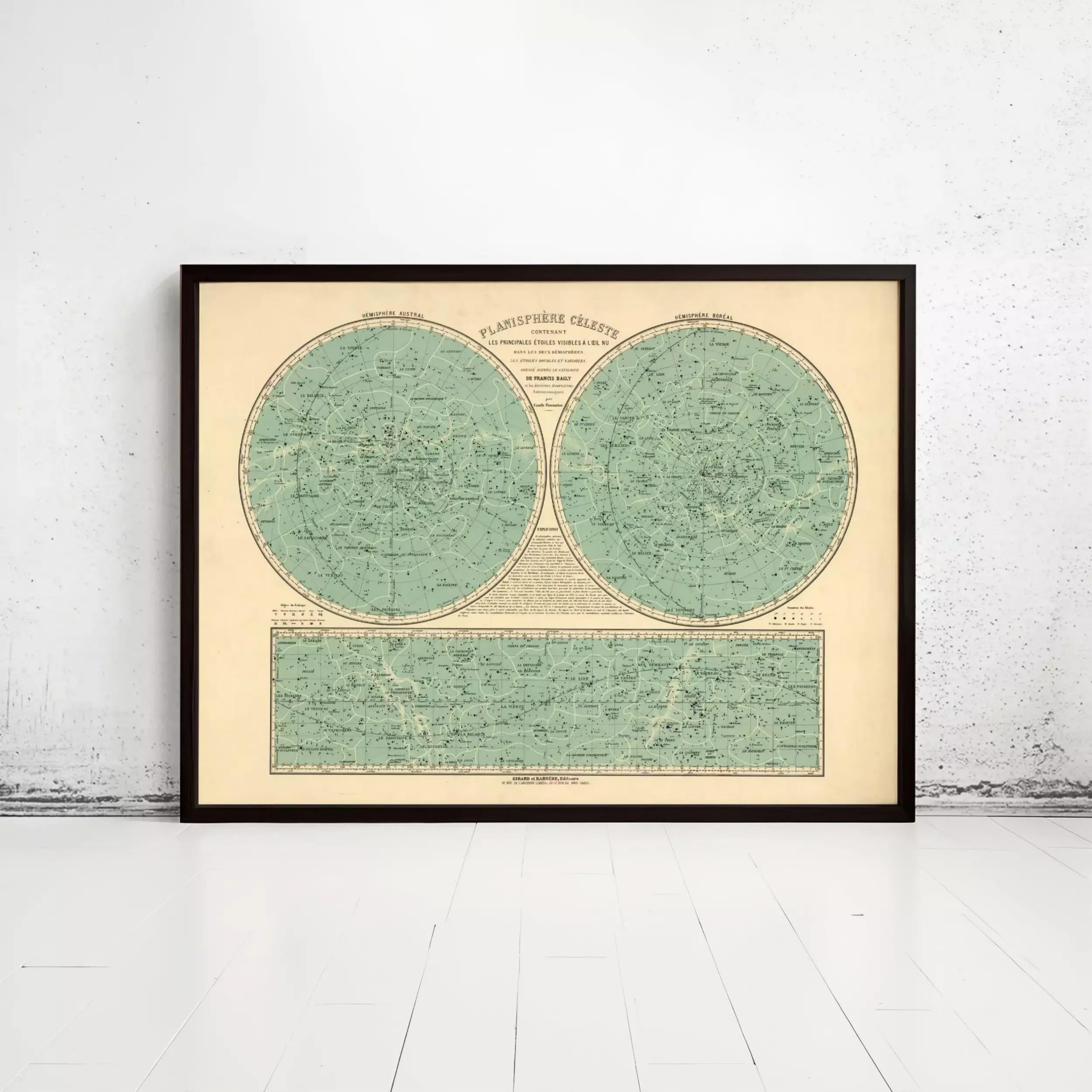 The image is a framed vintage map of the night sky, depicting constellations and celestial objects.