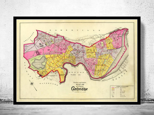 Old Map of Cambridge Massachusetts 1890 Vintage Map  | Vintage Map Wall Art Print