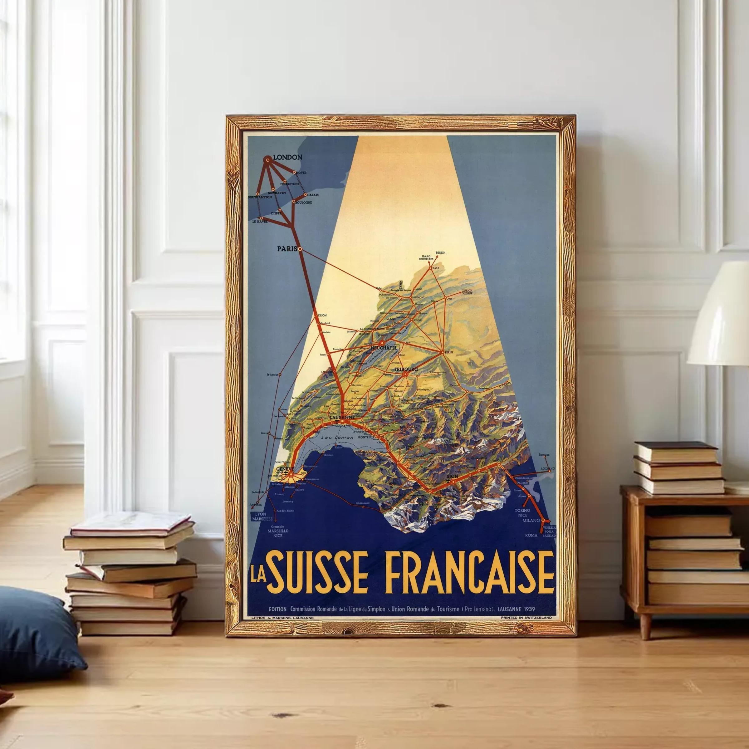A vintage travel poster for the La Suisse Francaise, featuring a map of France and various locations marked with lines connecting them.