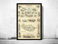 Old Map of Açores Azores and Madeira Islands 1876,  Portuguese islands  | Vintage Map Wall Art Print | Large Map Print