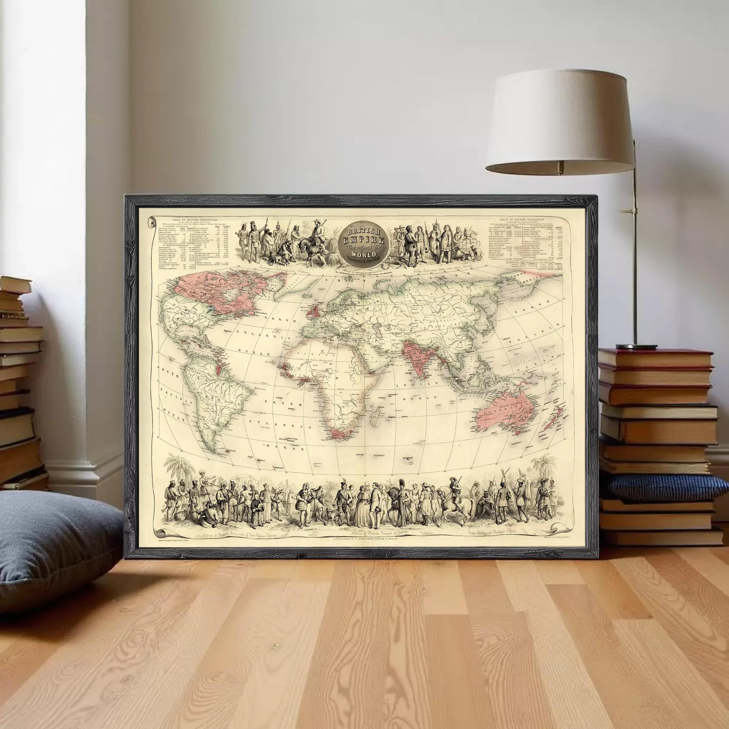 The image is a framed vintage map of the world, depicting a detailed illustration of the continents and oceans.