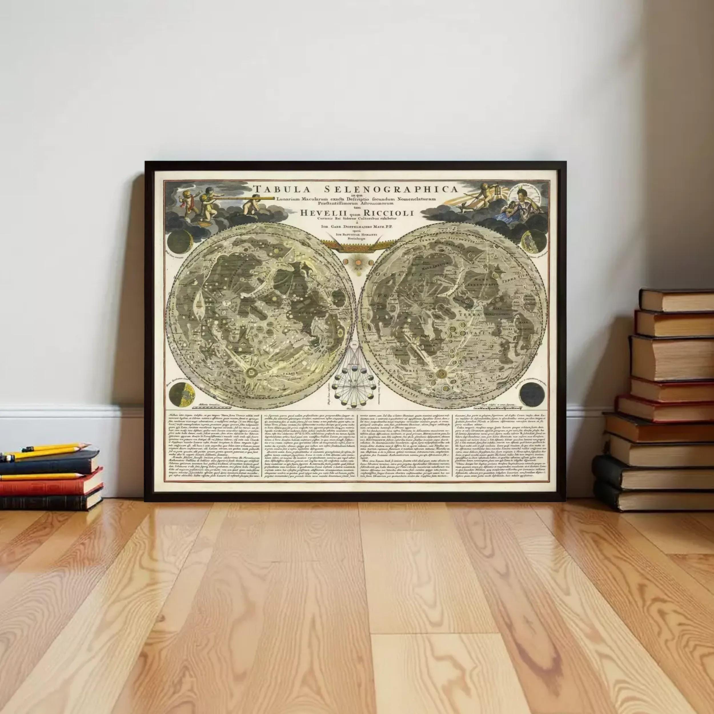 a framed vintage map of the world, with detailed illustrations and text providing information about the map.