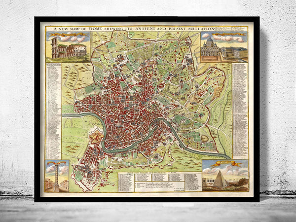 Old Map of Rome Roma Italy 1722 Vintage Map of Rome | Vintage Map Wall Art Print