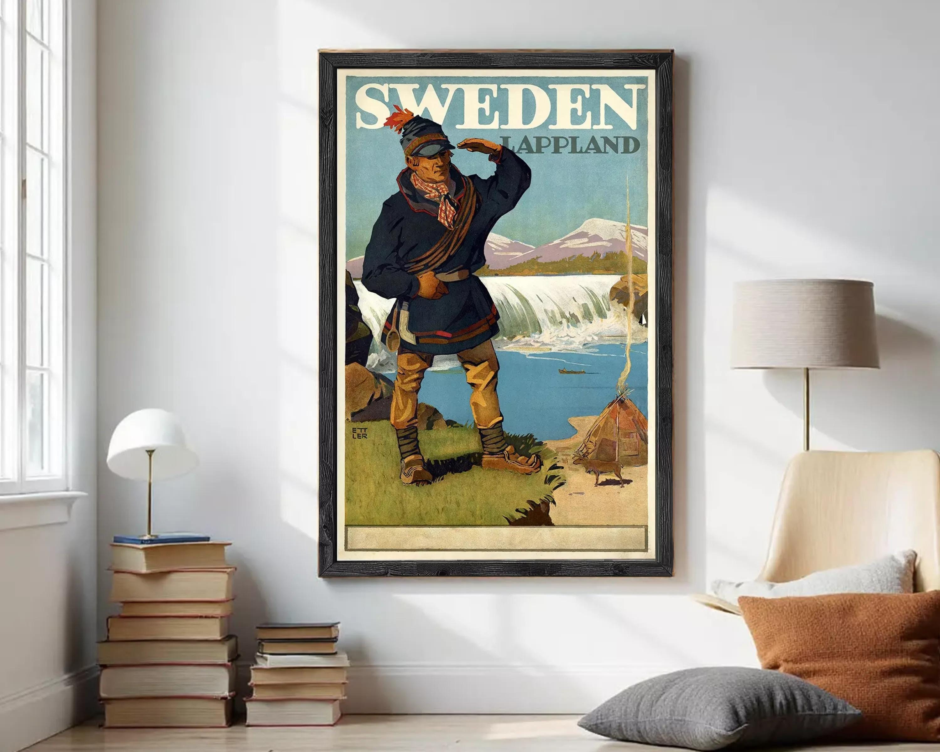 A vintage travel poster depicting a man in traditional Swedish clothing standing in front of a waterfall, with the text "SWEDEN LAPPLAND" prominently displayed.