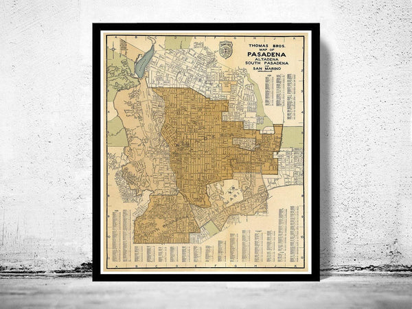 Old Map of Pasadena California 1938 Vintage Map | Vintage Map Wall Art Print