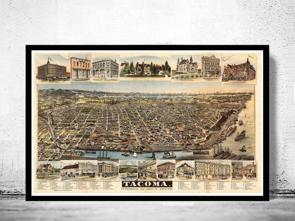 Old Map of Tacoma Washington Panoramic View 1890 Vintage Gravure | Vintage Map Wall Art Print