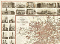 Old Map of Manchester with gravures England 1857 Vintage Map | Vintage Map Wall Art Print
