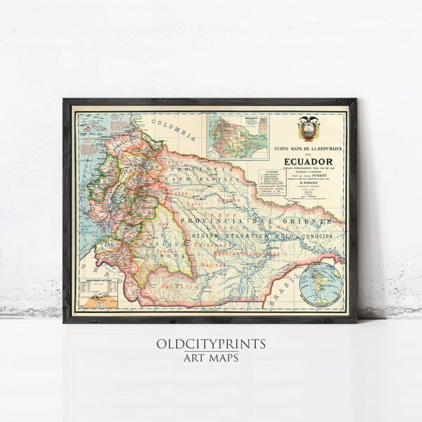 Old Map of Ecuador 1902 Equator Republic Vintage Map | Vintage Map Wall Art Print
