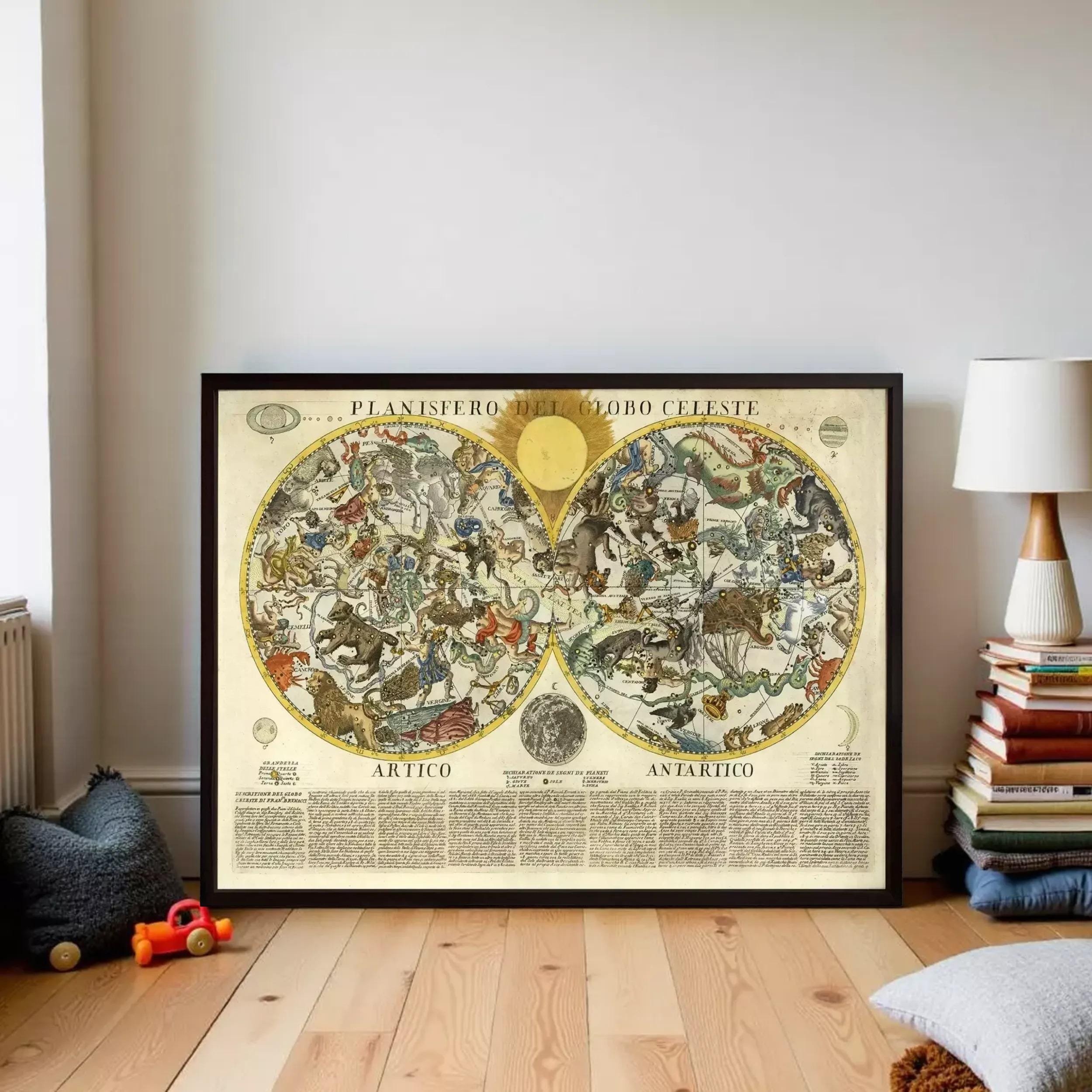 A framed vintage map of the night sky, depicting various celestial objects and constellations, is displayed on a wall in a room.