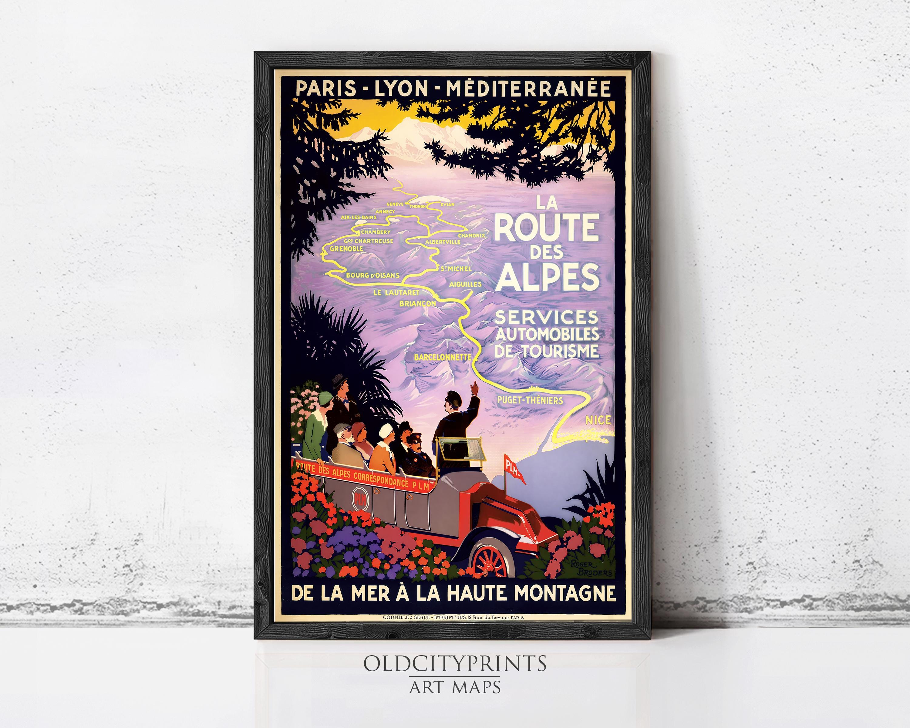 The image is a vintage travel poster advertising a route to the Alps, featuring a car and people traveling through a scenic landscape.