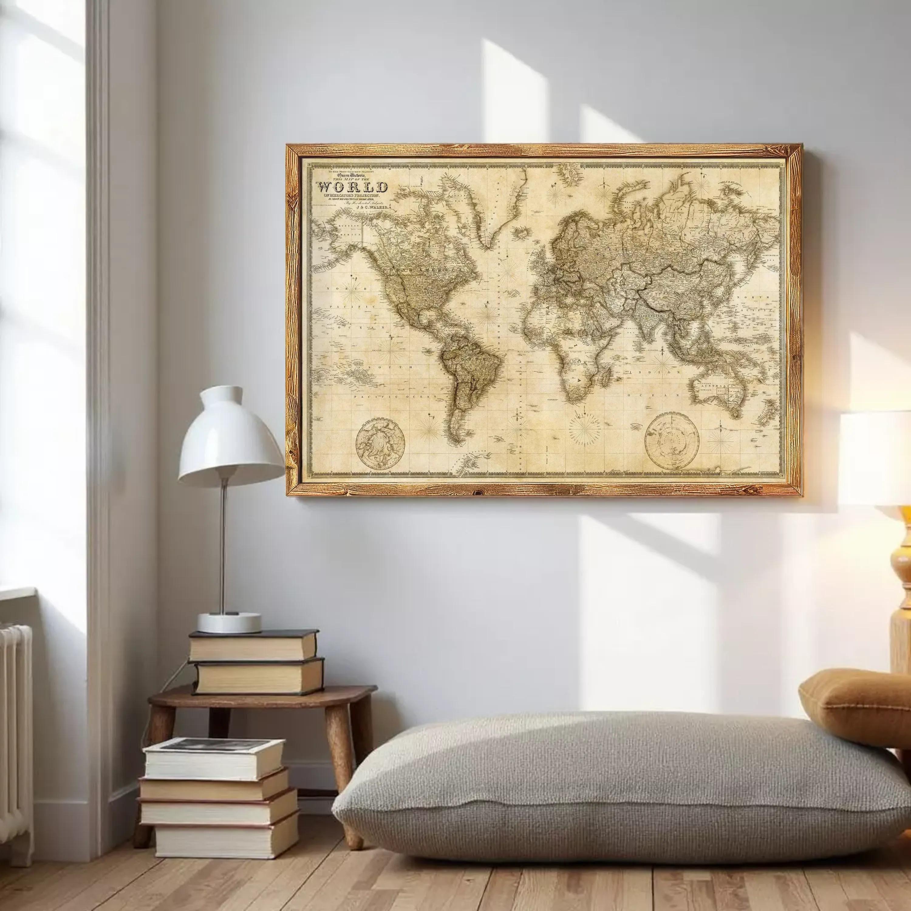 a large world map hanging on a wall, with a wooden frame and a vintage-style map. Below the map, there is a stack of books and a lamp, creating a cozy and intellectual atmosphere in the room.