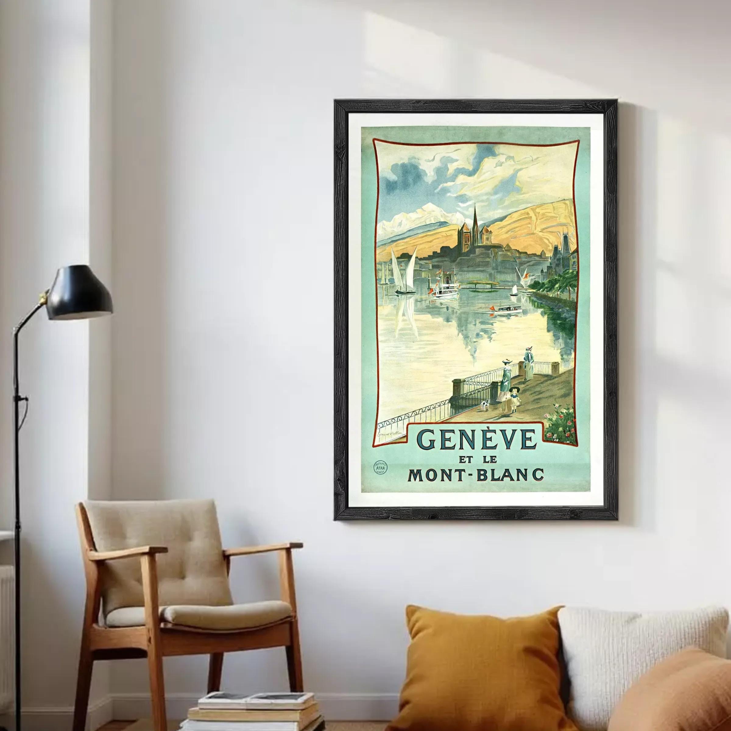 The image is a framed vintage poster depicting a scenic view of Geneva, Switzerland, with boats on the water and a castle in the background.